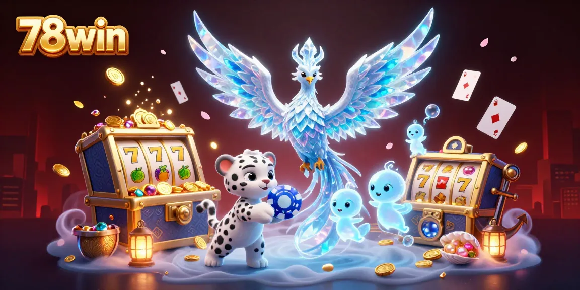 Win with 78win: A vibrant scene featuring an ice phoenix, poker chips, and slot symbols.