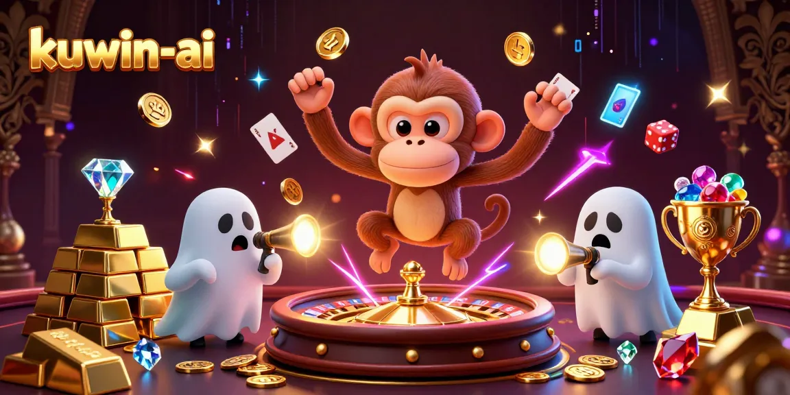 Engage with kuwin-ai's dynamic casino scene featuring a playful monkey and a curious ghost-hunter puppy surrounded by treasures.