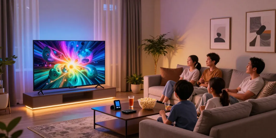 Family enjoying movie night with Samsung Micro RGB TV in a stylish living room, cozy atmosphere, modern decor.
