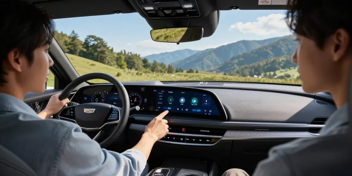 The scene illustrates how the driving modes in Cadillac Lyriq offer different ranges or battery usages, showcasing the vehicle's modern features in a scenic outdoor setting.