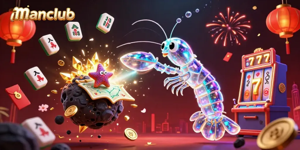 Experience the excitement of manclub casino with a dynamic scene of a cosmic mantis shrimp suddenly revealing golden gems amidst game elements.