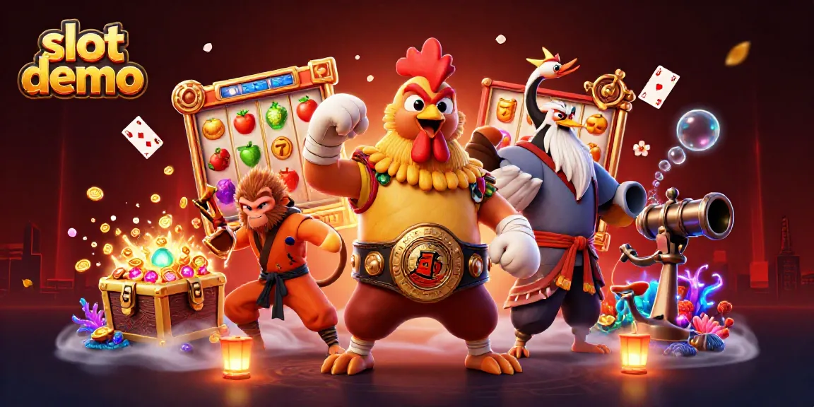 Slot demo menampilkan ayam Muay Thai dan monyet Shaolin dalam suasana kasino yang penuh warna