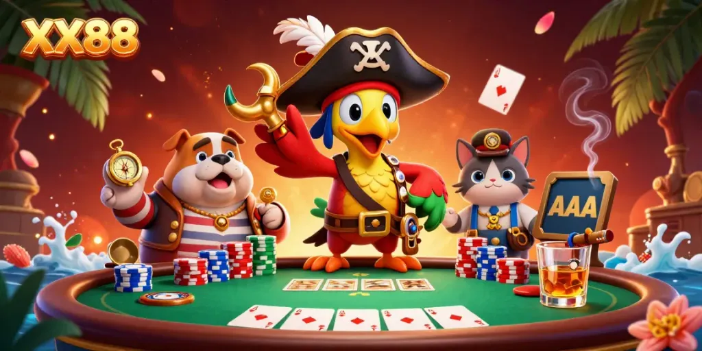 Experience thrilling poker moments at XX88 with pirate-themed characters and vibrant casino elements.