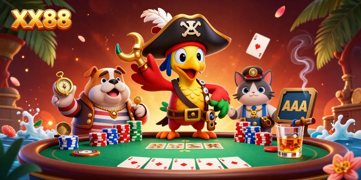 Experience thrilling poker moments at XX88 with pirate-themed characters and vibrant casino elements.