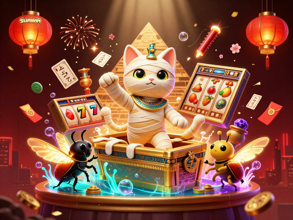 Win big with sunwin in this vibrant casino scene featuring a mummy cat and jackpot elements.