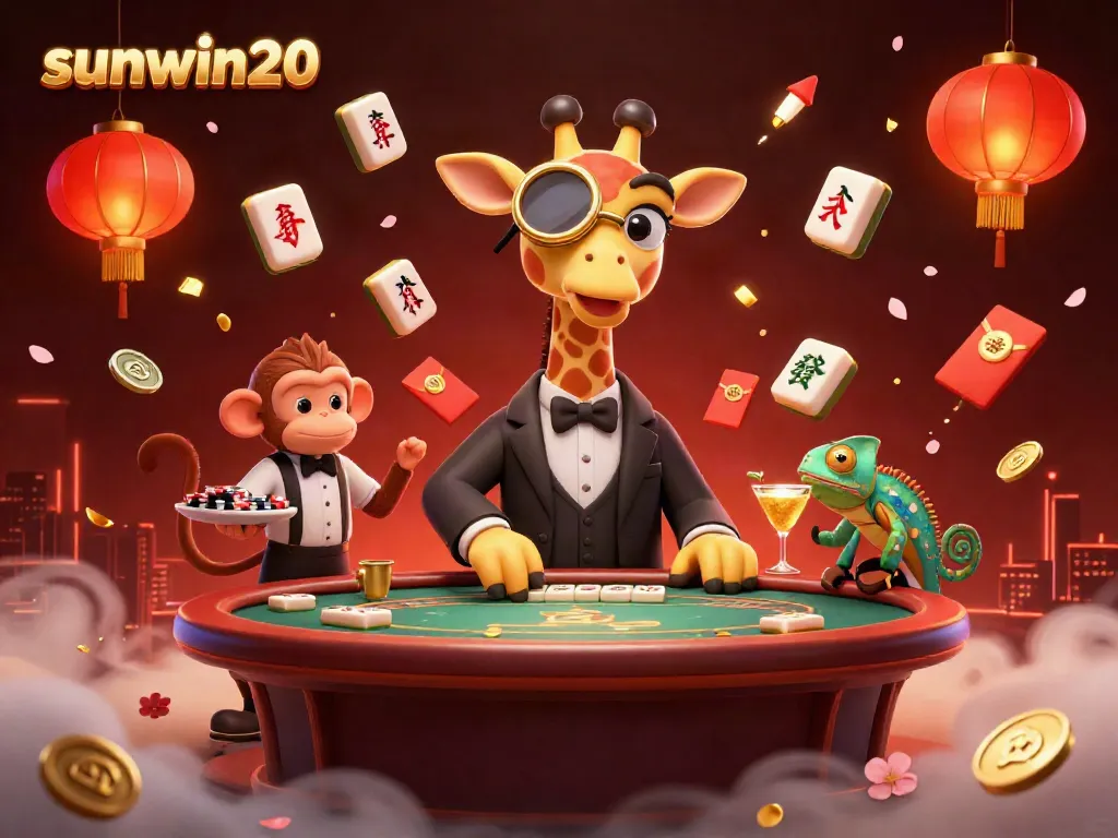 Play exciting games at sunwin20 with a vibrant scene featuring a high-roller giraffe and friends at a poker table