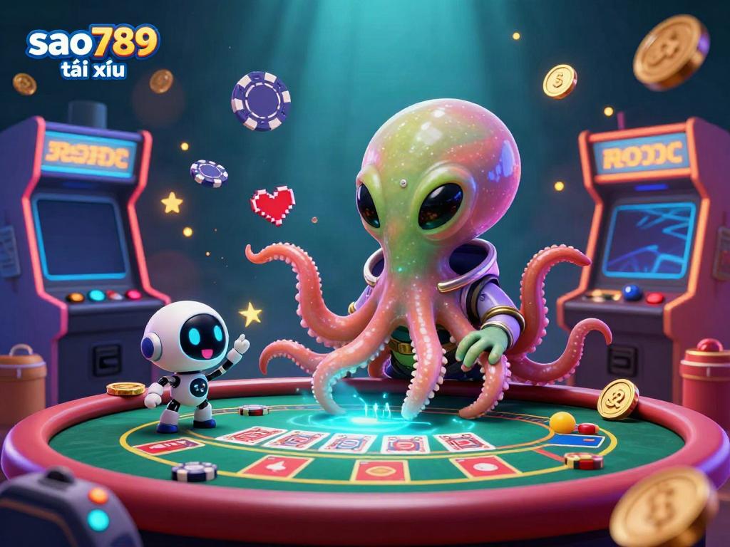 Experience thrilling gameplay at sao789 tài xỉu with a dynamic alien octopus and vibrant casino elements in an engaging 3D scene.