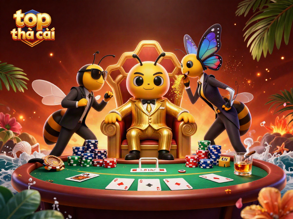 Experience top nhà cái with a thrilling poker scene featuring animated characters and vibrant casino elements.