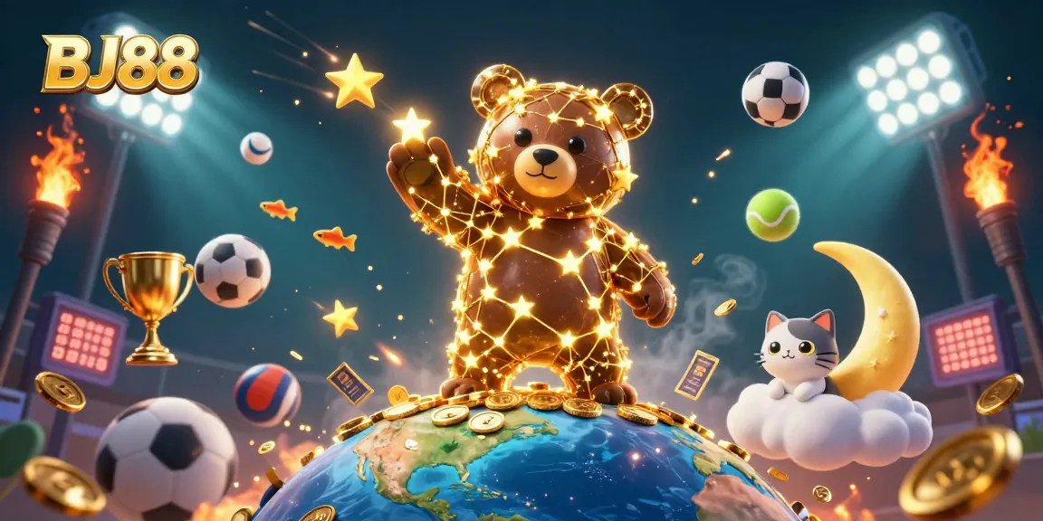 Win big with BJ88 in a vibrant casino-themed illustration featuring stars and sports elements.
