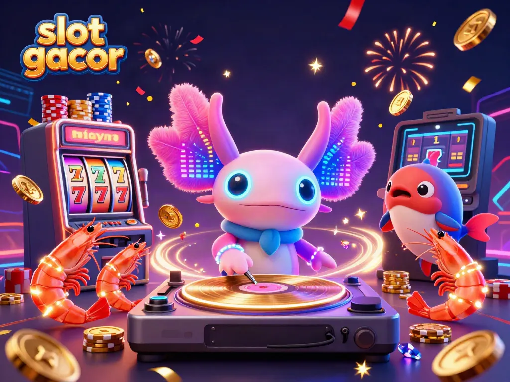 Engaging slot gacor scene with an axolotl DJ and vibrant game elements, showcasing excitement and fun.