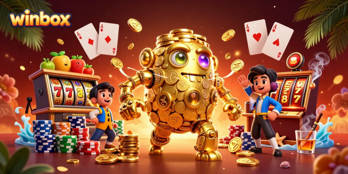 Winbox gaming experience with a golden golem, colorful chips, and vibrant slot machine elements.
