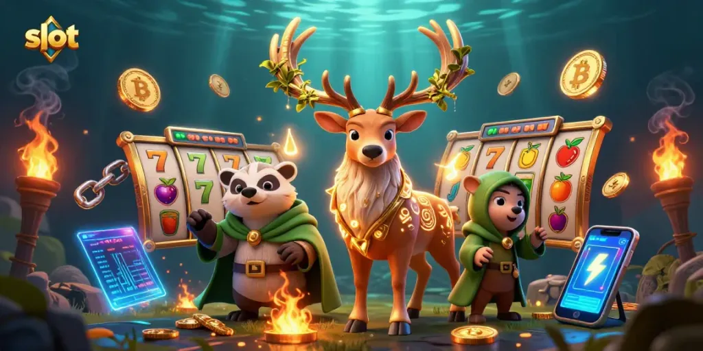 Engage in thrilling slot gameplay with vibrant characters and crypto-themed elements.