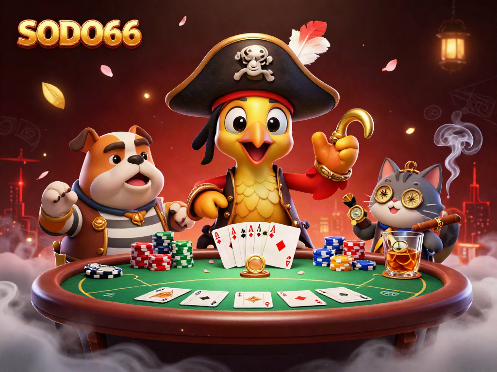 SODO66 brings an exciting 3D casino adventure, highlighting a commanding parrot captain amidst vibrant poker elements.