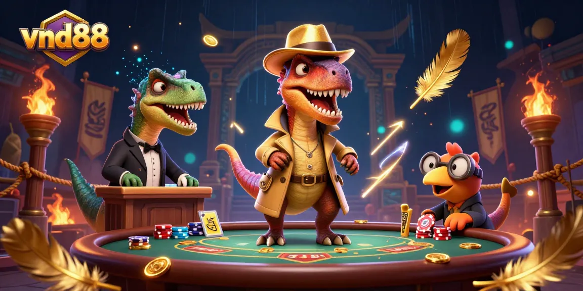 Engage with vnd88's exciting gaming scene featuring a velociraptor card counter and friends at a blackjack table.