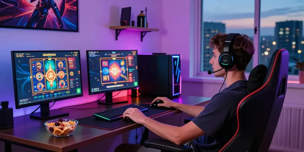 Engaging gaming setup highlighting a popular slot online game on dual monitors with ambient lighting.