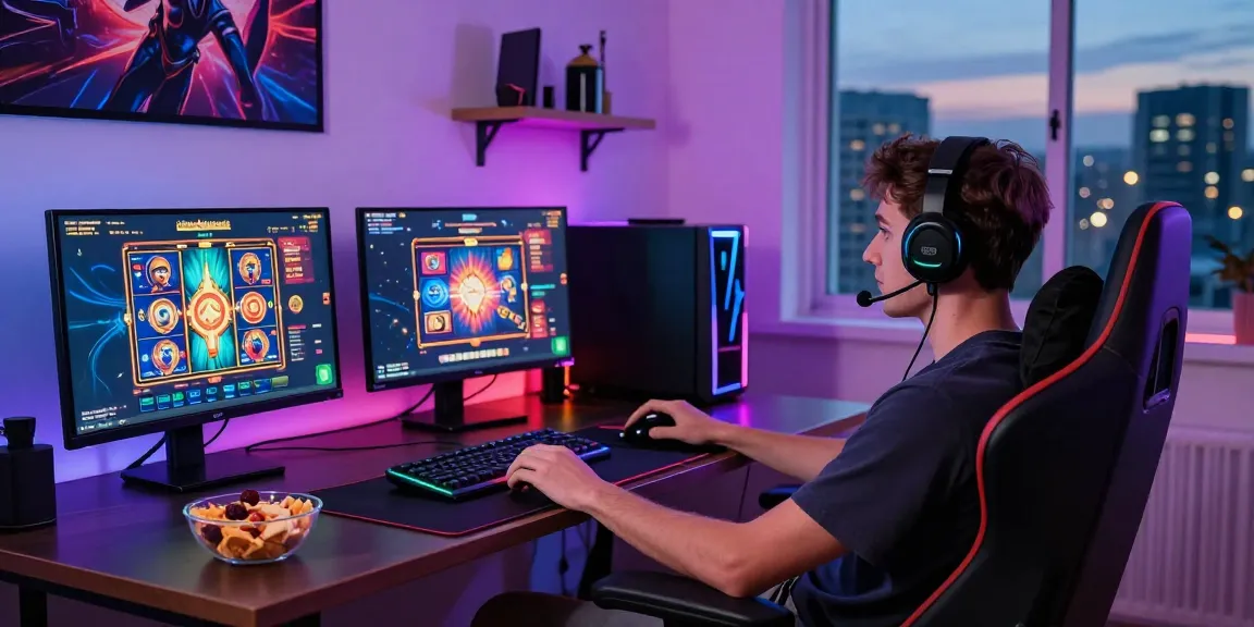 Engaging gaming setup highlighting a popular slot online game on dual monitors with ambient lighting.