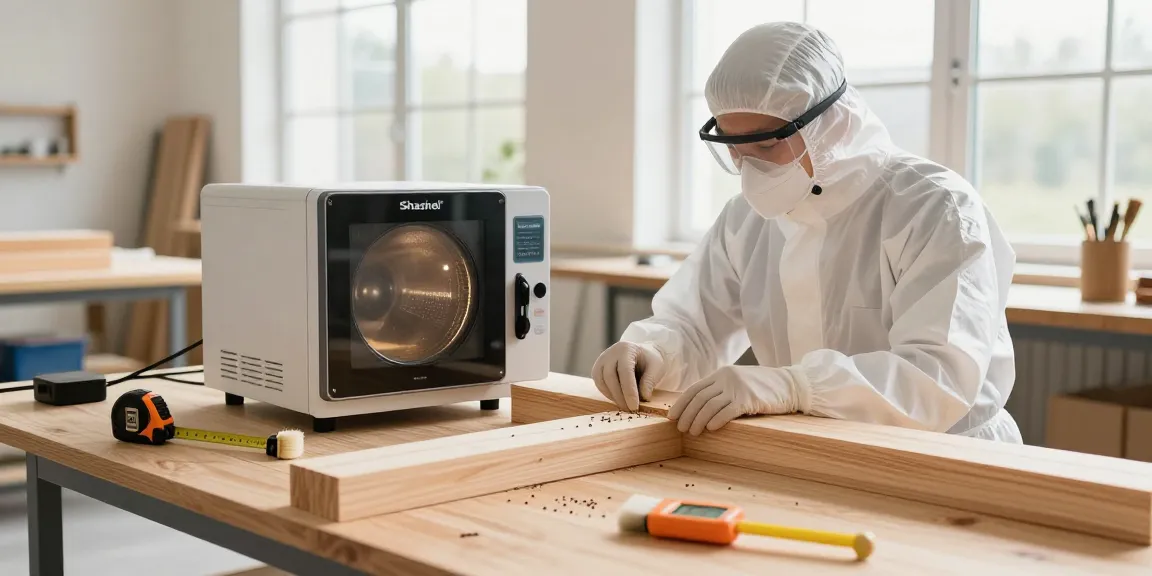 Shashel's efficient microwave technology eliminating woodworms in a bright workshop.