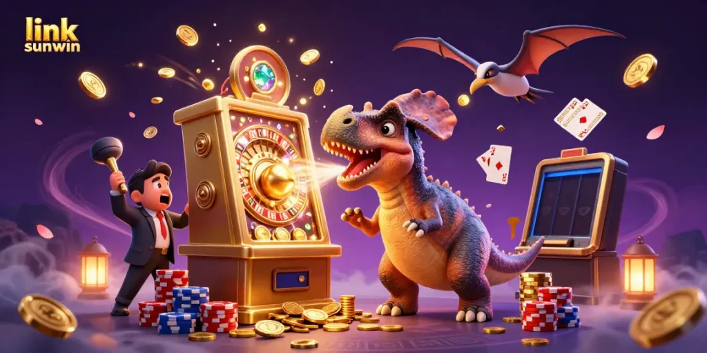 Catch soaring coins from the link sunwin slot machine in this vibrant casino illustration.