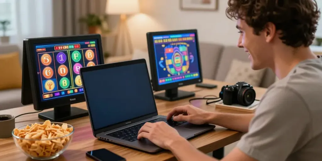 Seorang pemain menikmati permainan slot online di laptop dengan suasana nyaman dan ceria.