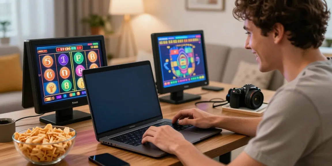 Seorang pemain menikmati permainan slot online di laptop dengan suasana nyaman dan ceria.