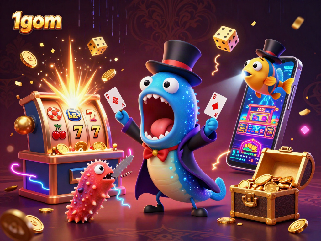 Experience thrilling card tricks by 1gom's bioluminescent eel in a vibrant casino scene.