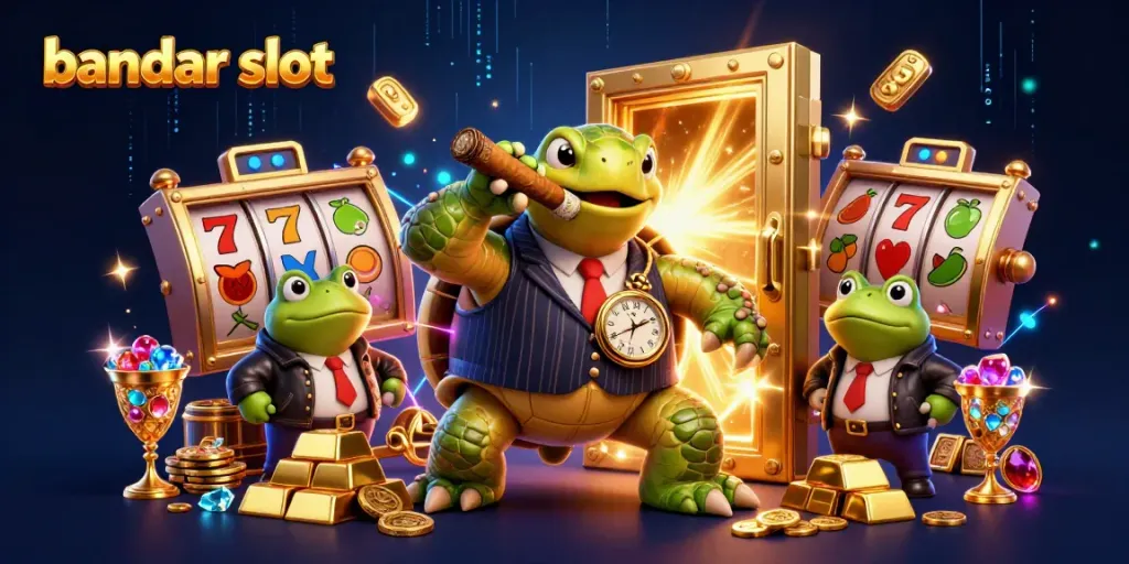 Win big at bandar slot with a cartoon turtle gangster and bullfrogs surrounded by riches.