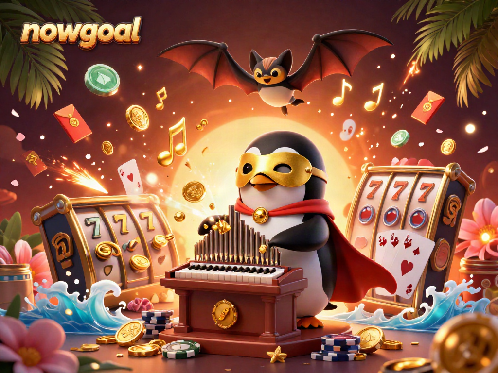 Engage with casino games like nowgoal through an exciting 3D illustration of a penguin and slots.