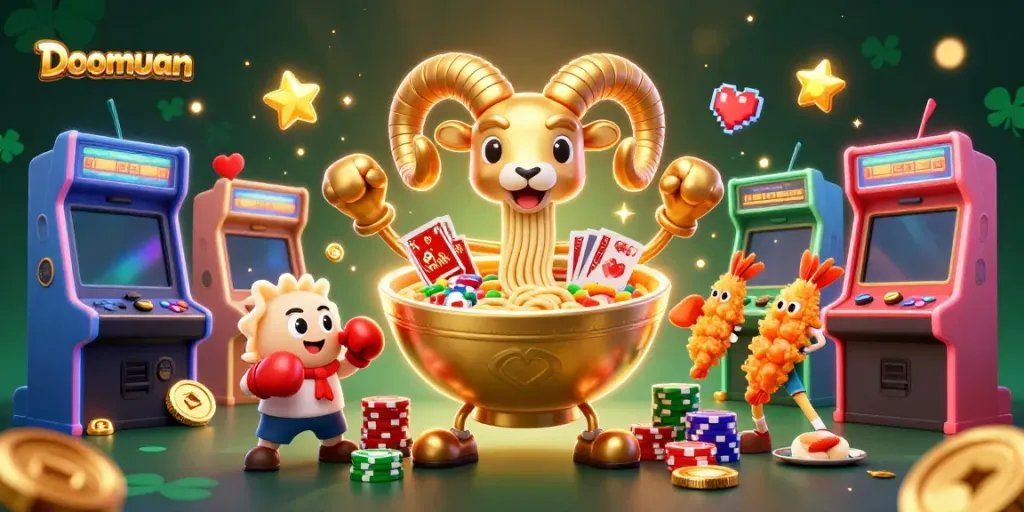 Doomuan reveals its vibrant casino spirit with a giant ramen bowl dealer amidst jubilant gaming characters.