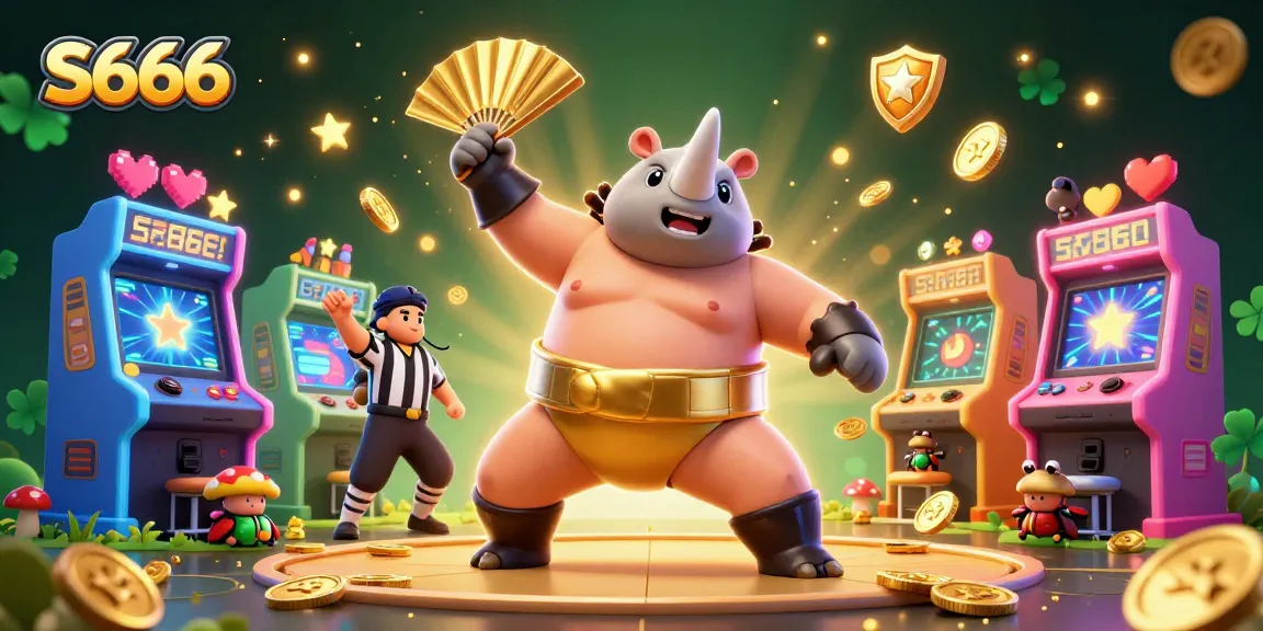 S666 casino scene featuring a rhinoceros beetle sumo champion amidst flying coins and glowing arcade machines