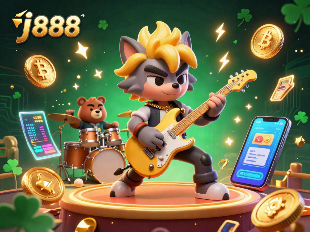 Experience the excitement of j888 with a vibrant casino scene featuring rock star characters and cryptocurrency elements.