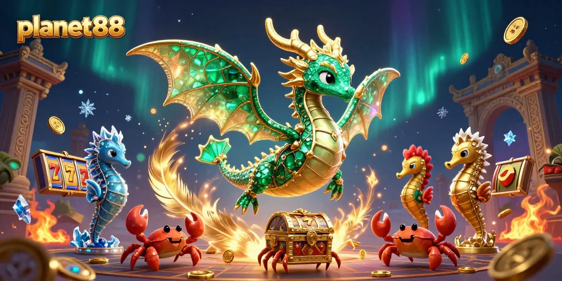 Engage in exciting slots gameplay with PLANET88's vibrant casino illustration featuring emerald sea dragon and treasure.