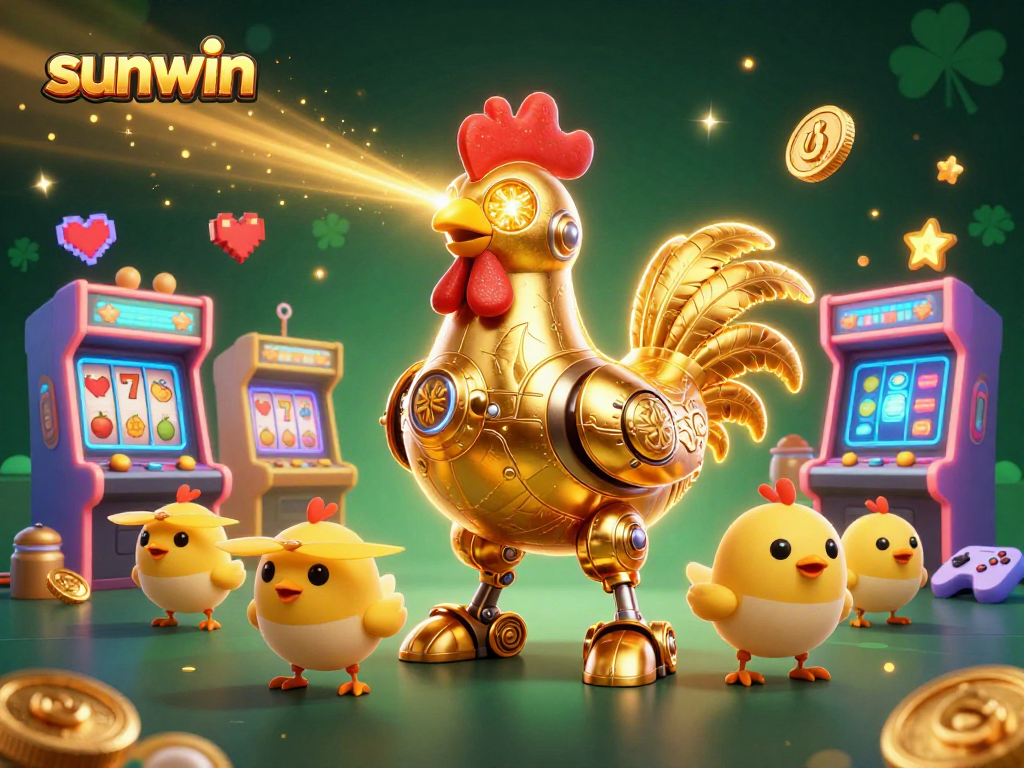 Engage with sunwin's electrifying casino adventure featuring a golden rooster robot surrounded by slots.