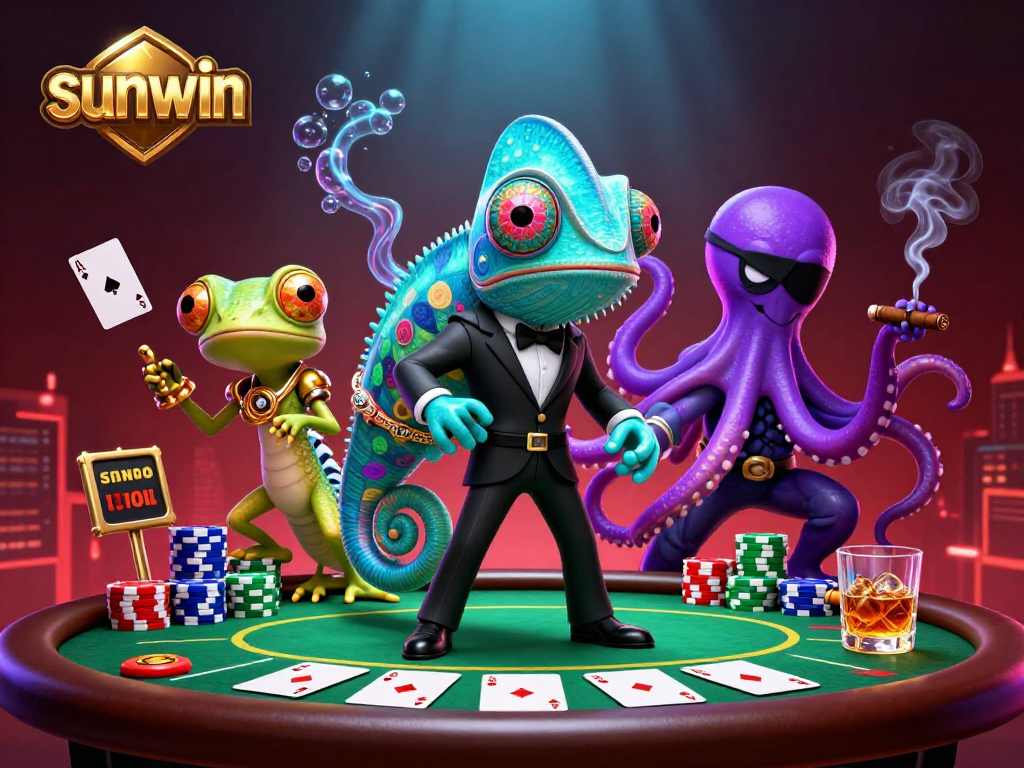 Engage in thrilling poker at sunwin with colorful characters and vibrant casino elements.