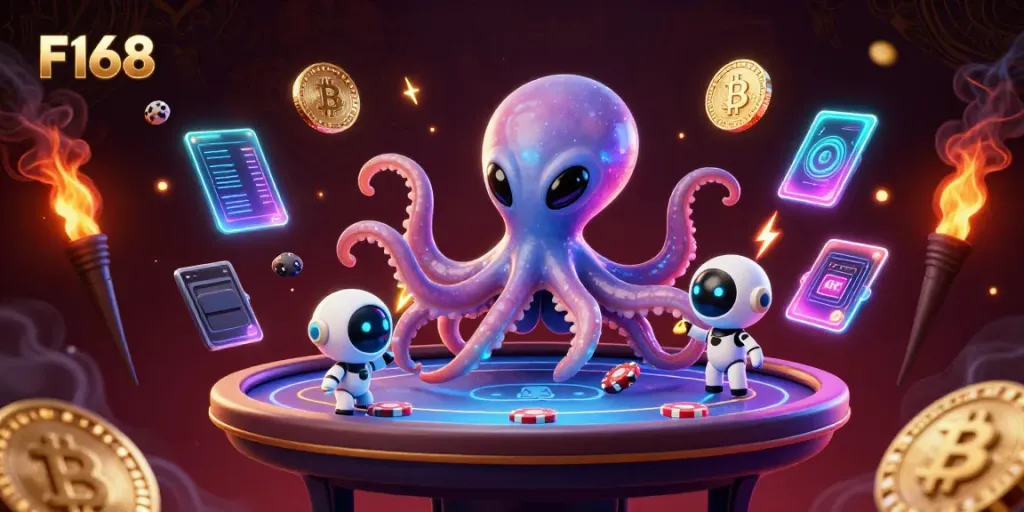 Engage in thrilling poker experiences with the F168 alien octopus and robot companion.