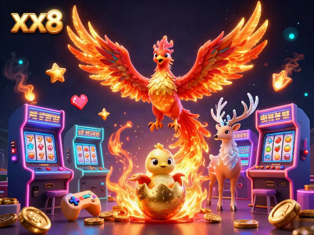 Engage with xx8's vibrant casino scene featuring a phoenix and gaming elements.