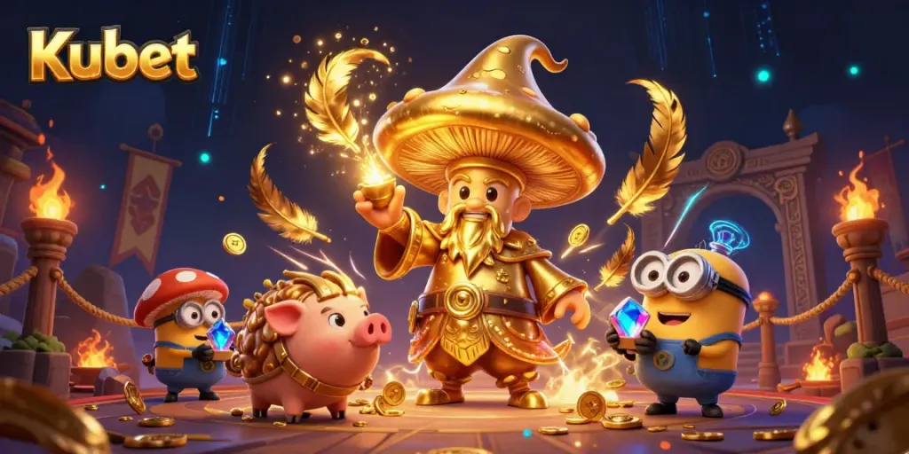 Kubet offers an exciting 3D illustration of a golden mushroom wizard channeling magic, embodying the thrill of online gaming.