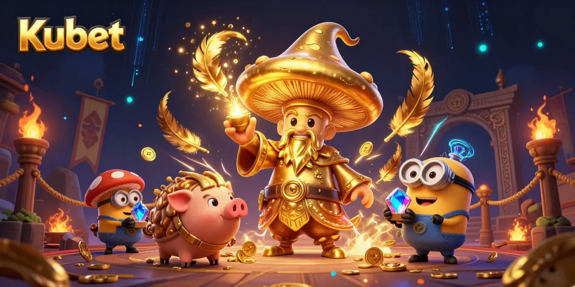 Kubet offers an exciting 3D illustration of a golden mushroom wizard channeling magic, embodying the thrill of online gaming.