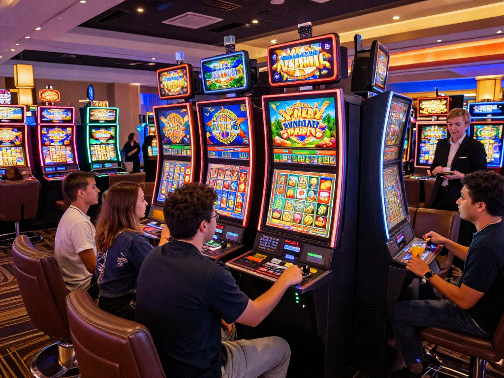 Exciting casino gaming scene showcasing slot jackpot machines with vibrant displays and enthusiastic players.