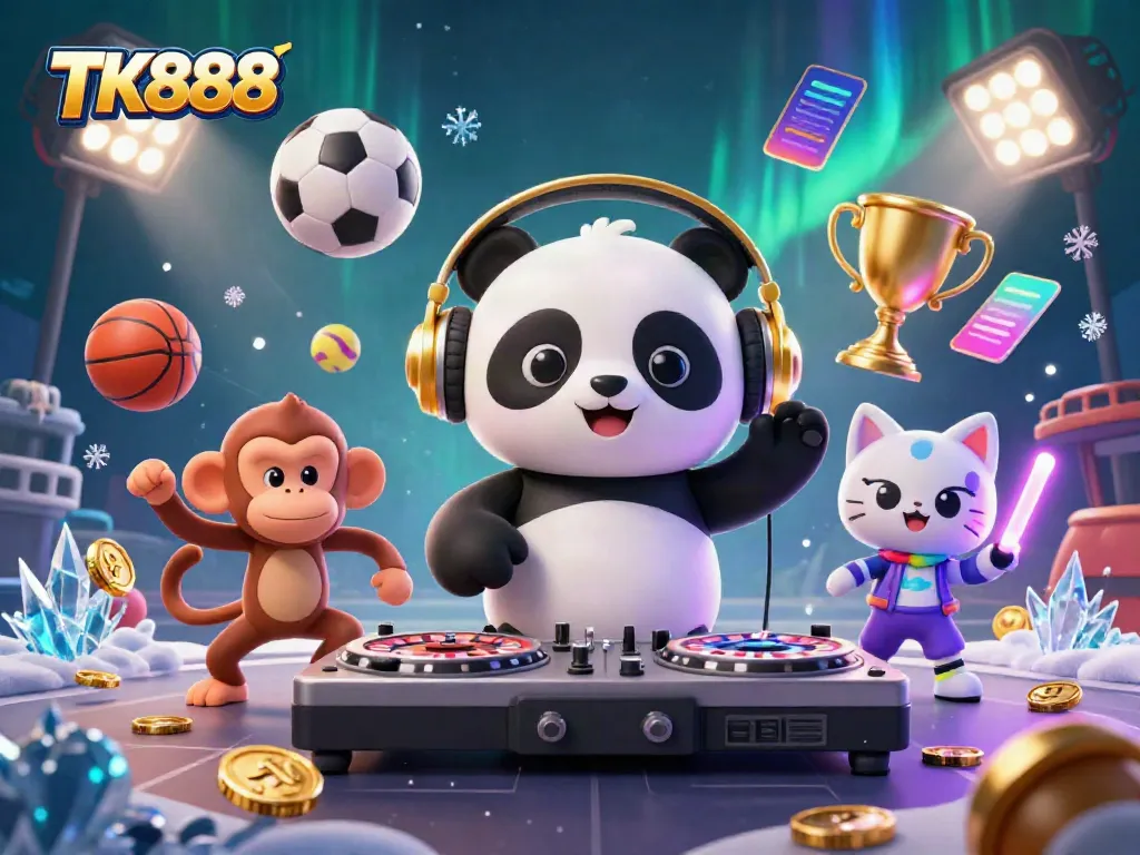 Engage in fun with TK888 as a DJ panda spins roulette wheels, surrounded by vibrant gambling elements in a lively animated casino scene.