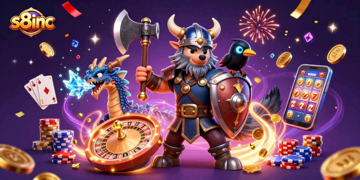 Experience thrilling games at s8inc with Viking warriors and magical effects in an epic casino scene.