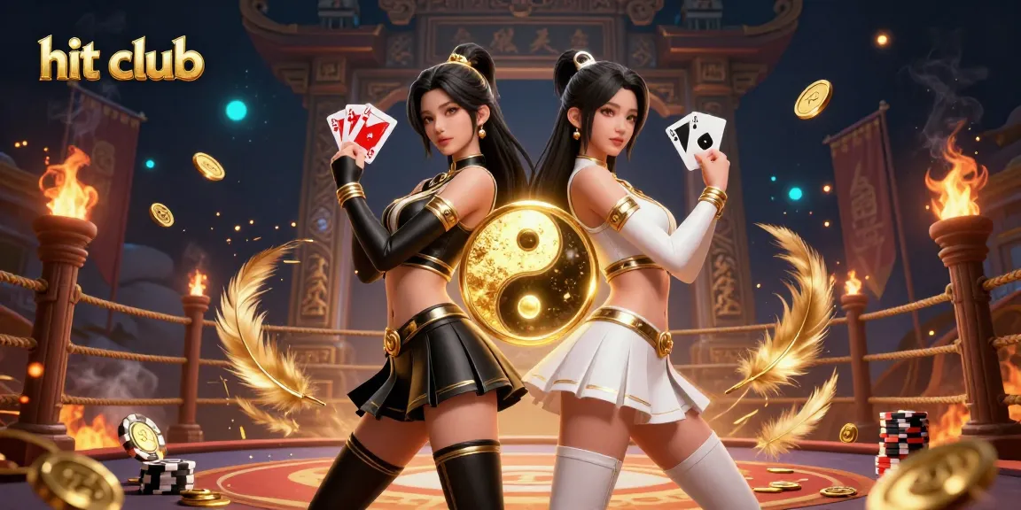 Engage in the hit club experience with twin Asian women showcasing powerful card play in a vibrant casino setting.