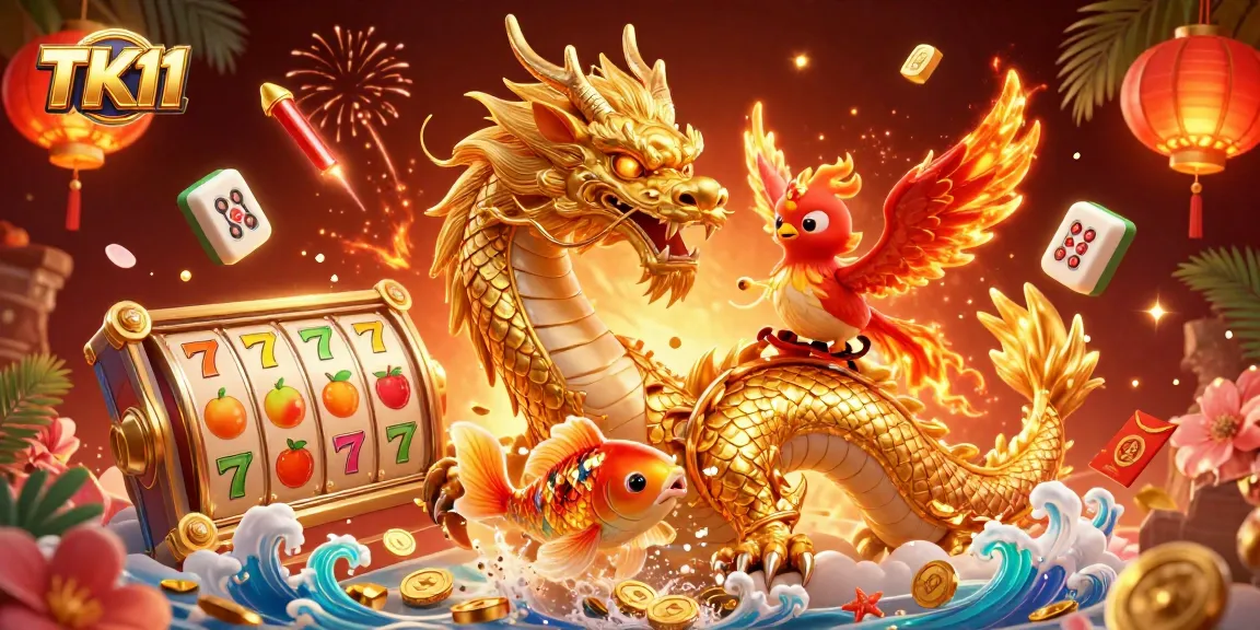 Experience thrilling adventures in TK11 casino with a golden dragon, koi fish, and animated game symbols.