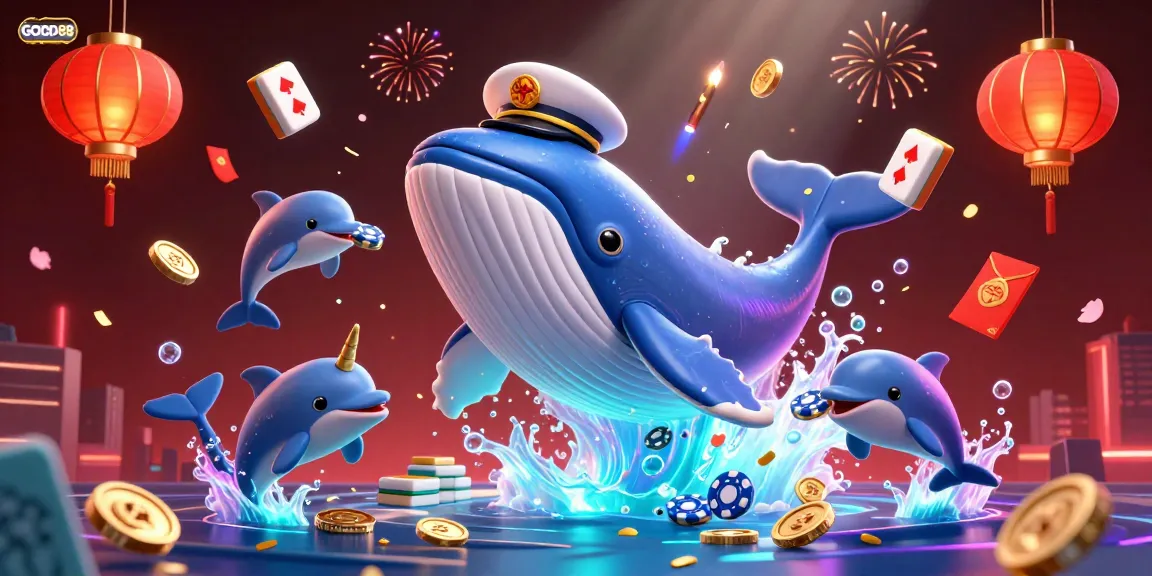 Engage in thrilling action at GOOD88 with a colorful 3D casino illustration featuring a whale, narwhal, and dolphins among vibrant game elements.