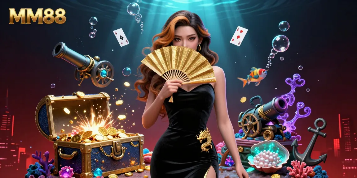 Engage with MM88's vibrant gaming scene featuring a captivating Asian woman, gold treasures, and dynamic gaming elements.