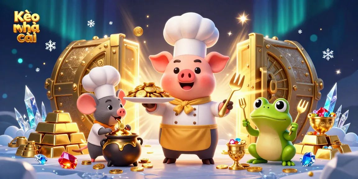 Experience Kèo nhà cái excitement with a lively scene featuring cartoon chef pig, mouse, and frog amidst gold treasures.