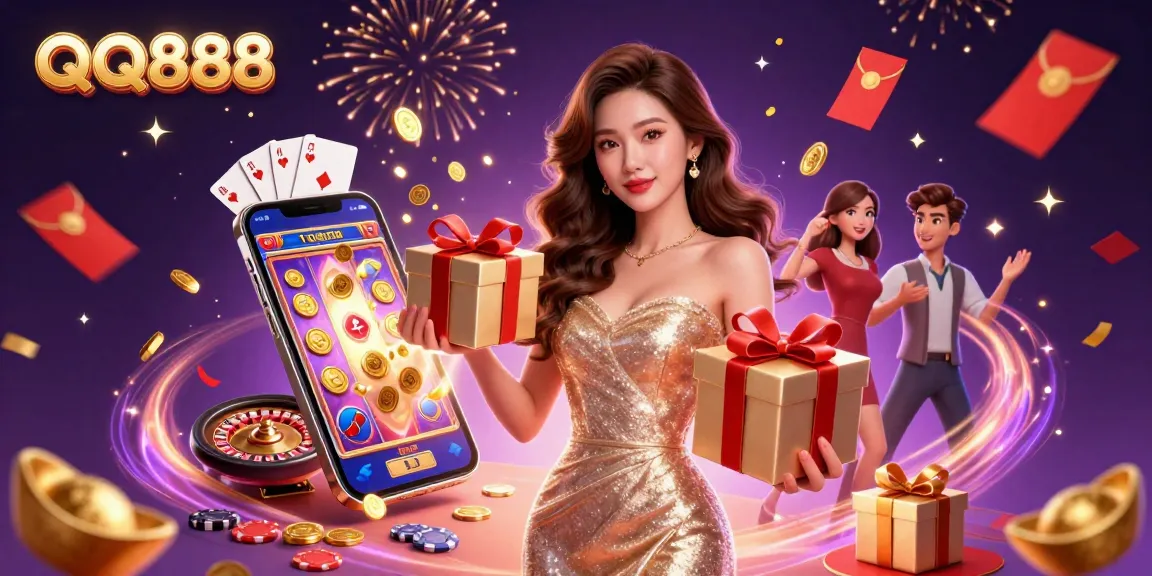 Engage with QQ888's thrilling online slots featuring a festive celebration filled with golden coins.
