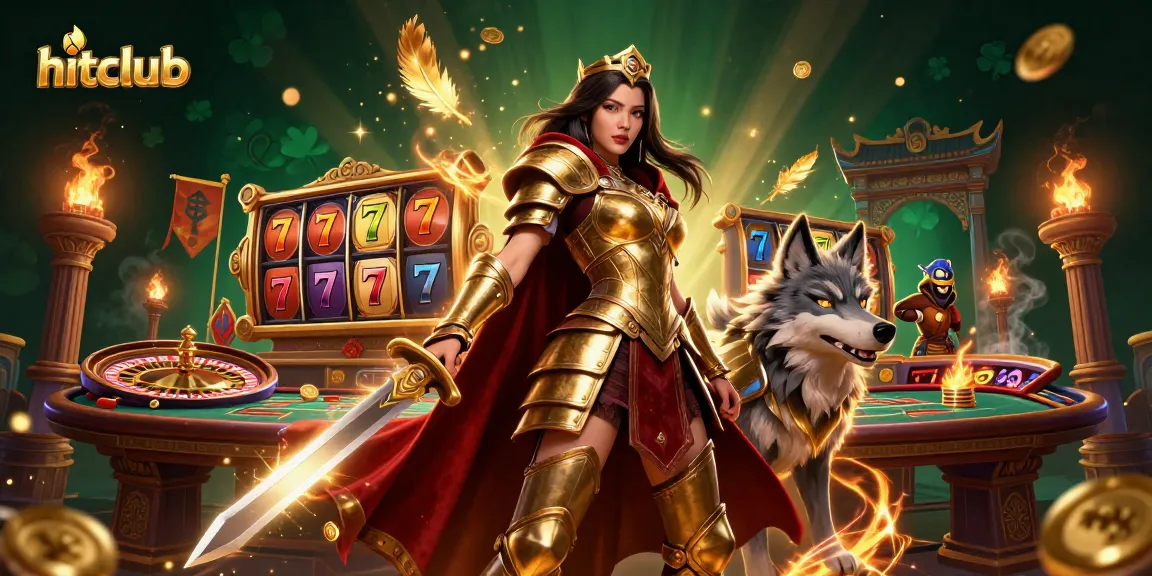 Play thrilling games at hitclub with a warrior queen and her wolf companion in a vibrant casino scene.