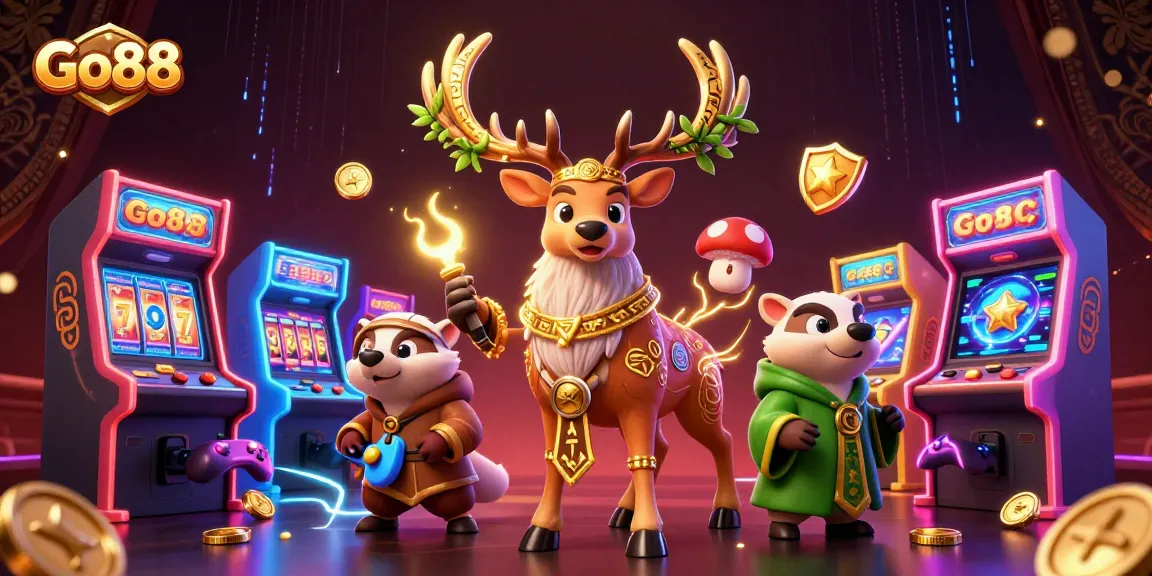 Engage with Go88's vibrant casino scene, showcasing games and magical elements in an enchanting 3D illustration.
