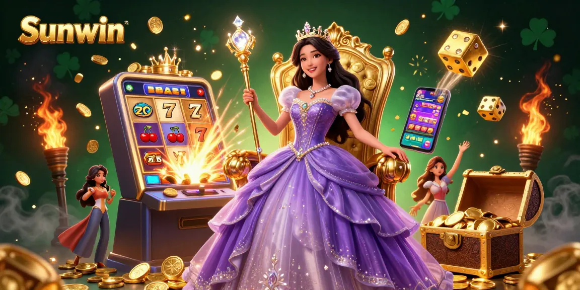 Experience the excitement of Sunwin gaming with a festive 3D casino scene showing jackpots bursting with coins.
