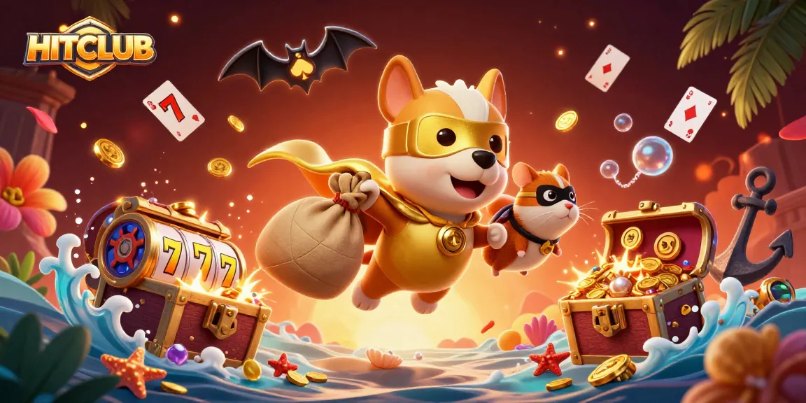 Join HITCLUB's adventure with a superhero dog and riches in this vibrant casino-themed illustration.